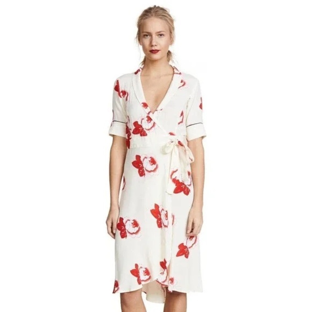 Ganni White Midi Wrap Dress with Red Floral Print